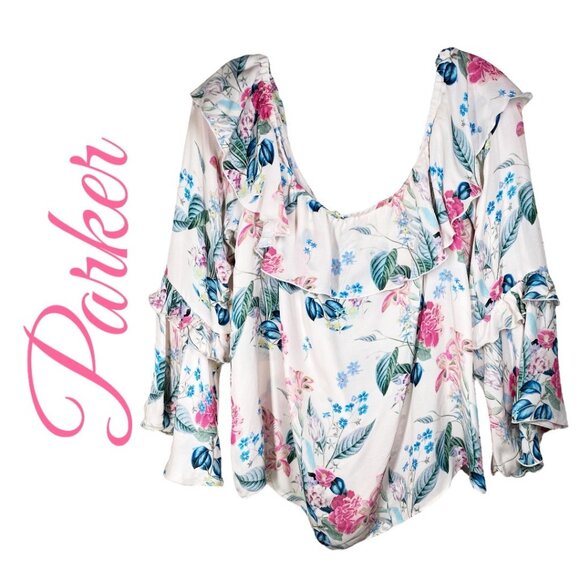 PARKER ERIN BOHEMIAN 100% SILK RUFFLED FLORAL OFF THE SHOULDER BLOUSE, LARGE - Picture 3 of 14